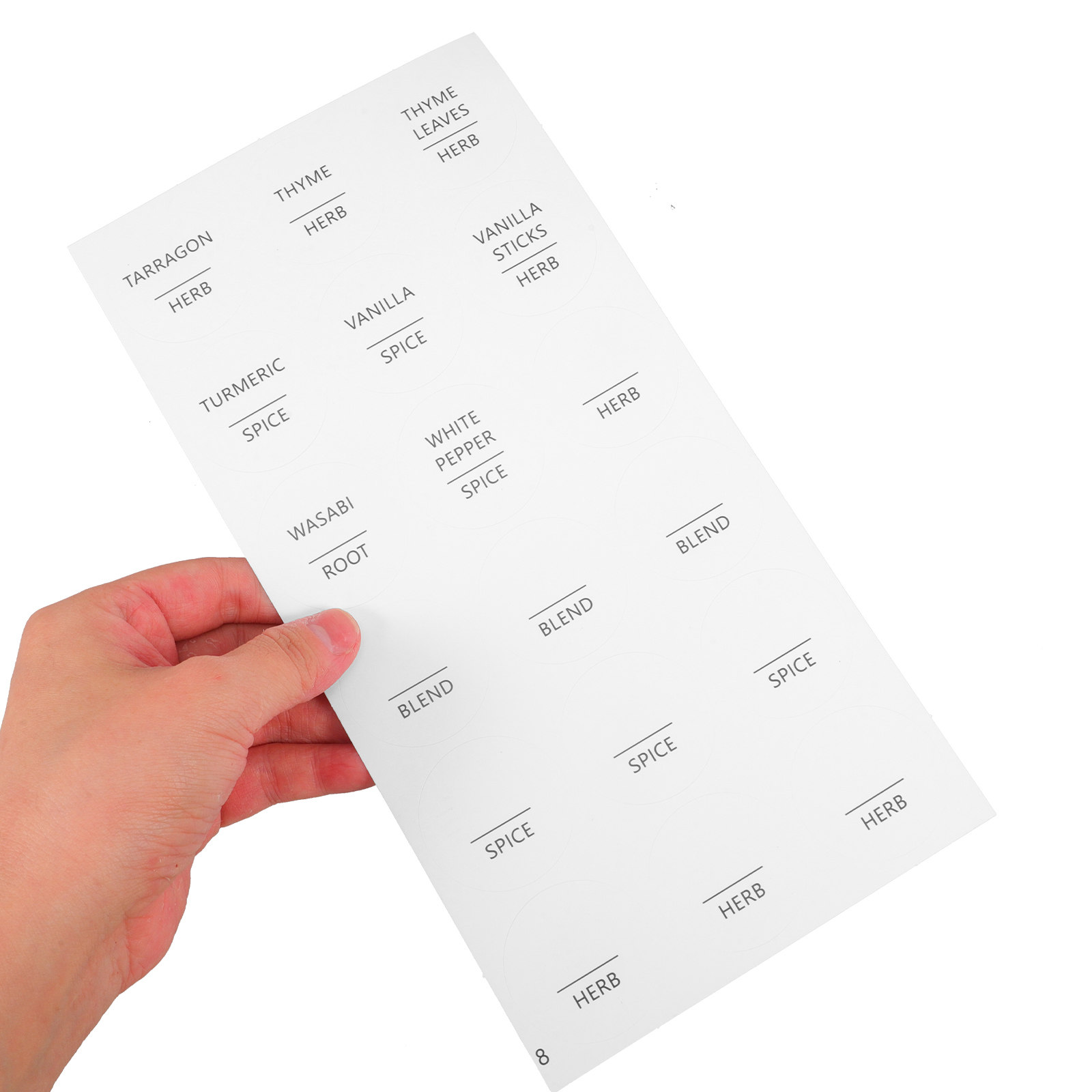 Spice Jar Labels - 8 feuilles d'étiquettes rondes minimalistes imperméables